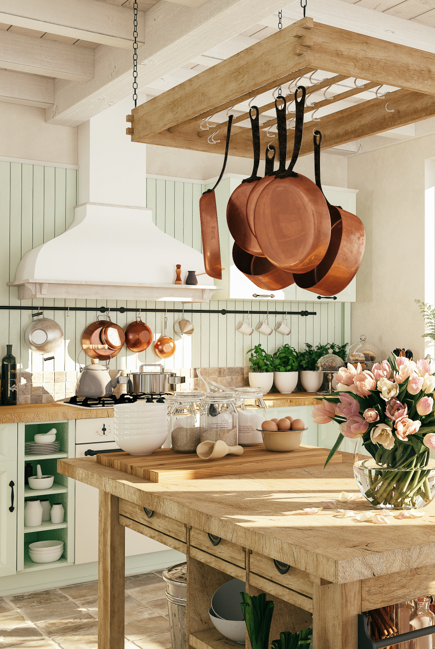 kitchen backsplash ideas, pistachio paneling in the kitchen with hanging copper pots
