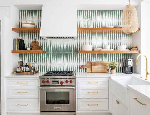 kitchen backsplash ideas, white and green backsplash in the kitchen with light wood shelves and white cabinets