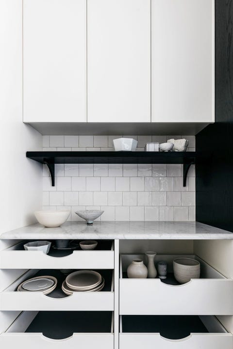 room, kitchen, furniture, cabinetry, shelf, cupboard, countertop, interior design, black and white, tile,
