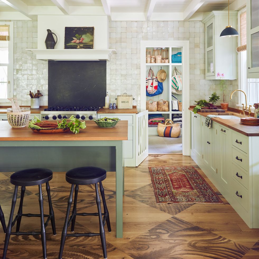 veronica beard nantucket kitchen glazed tile backsplash wood countertops