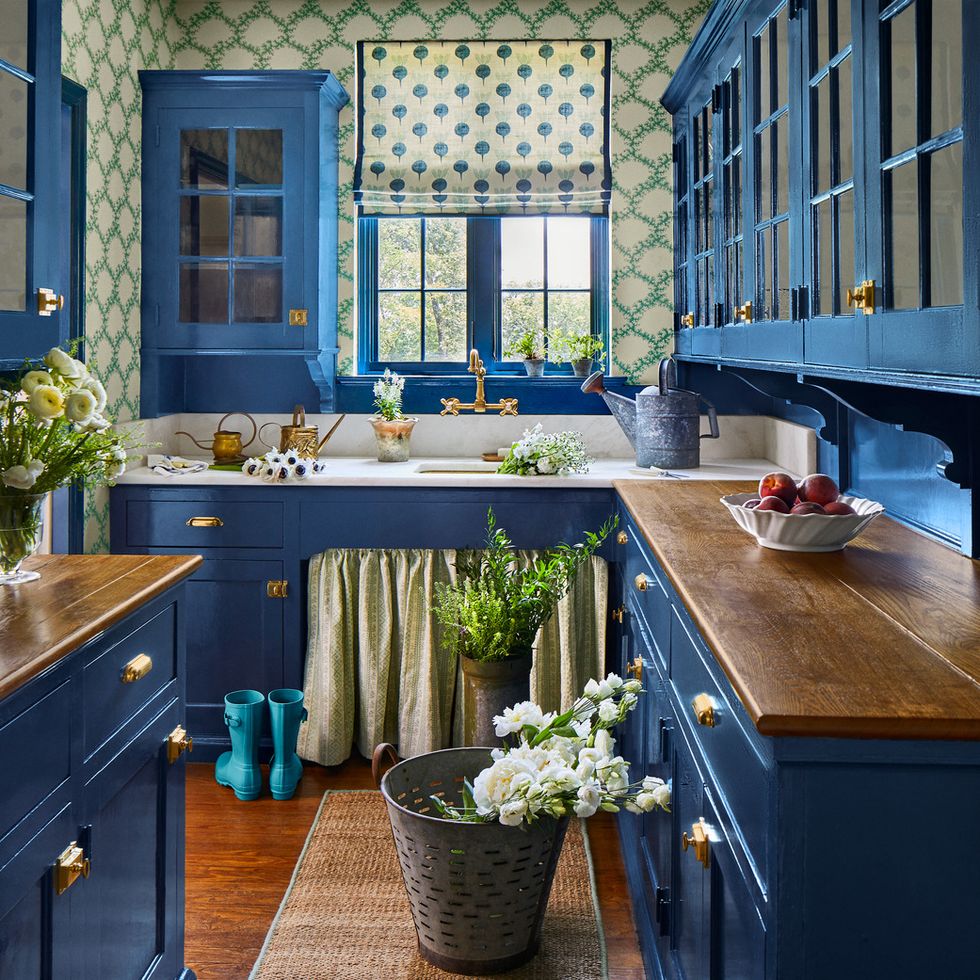 a tiny blue kitchen pantry space that has marble countertops and wood too