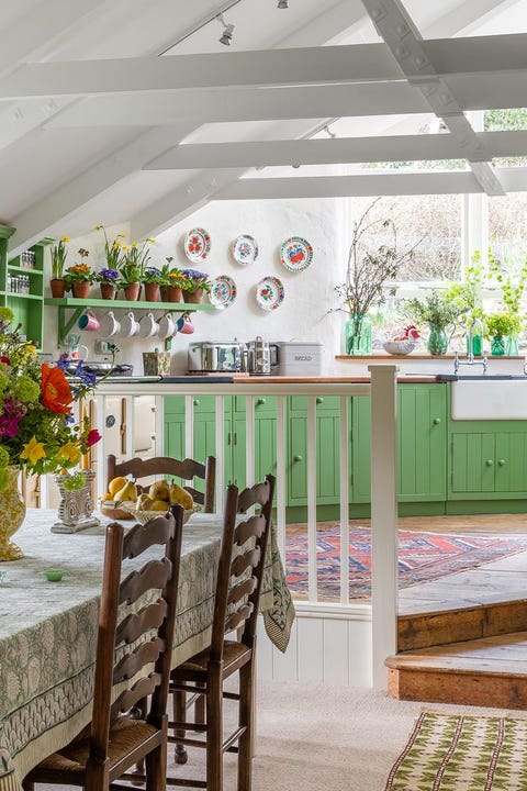 kitchen with green cabinets