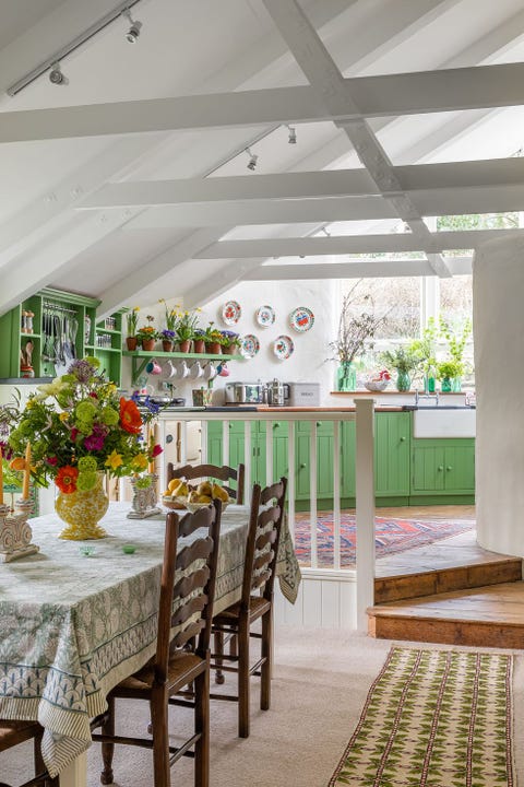 kitchen with green cabinets