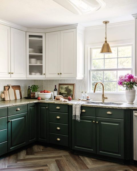 kitchen ideas bless'er house green cabinets and gold faucet