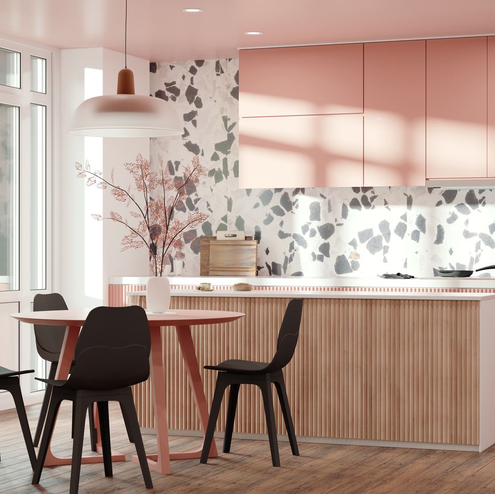 kitchen interior design in modern style with terazzo wall and pink cabinets