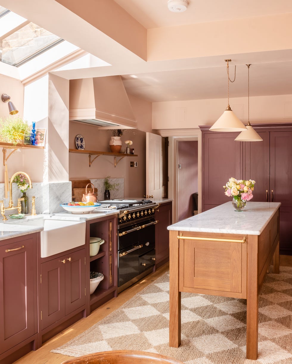 Kitchen island ideas pink and wooden kitchen island