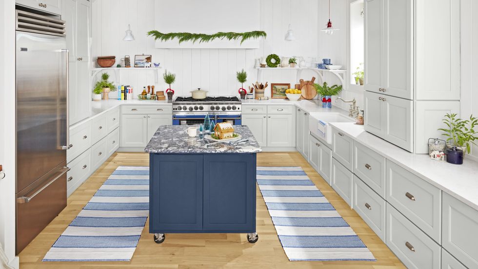 rolling navy blue kitchen island