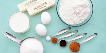 butter, flour, spics, sugar, eggs, and milk