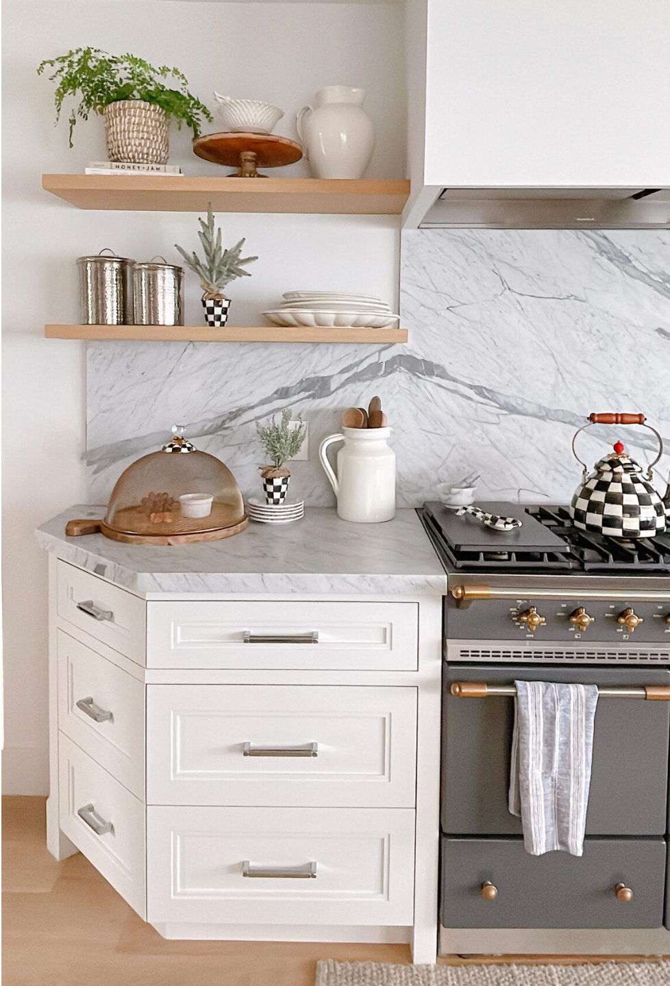 white kitchen with open shelves