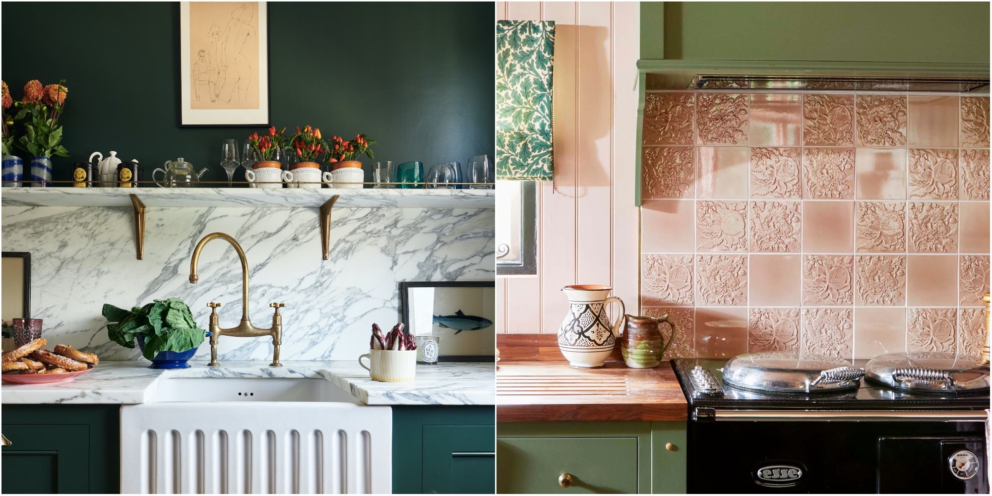 French Glass and Brass Pipe Kitchen Shelves on Blue Mosaic Backsplash -  Contemporary - Kitchen