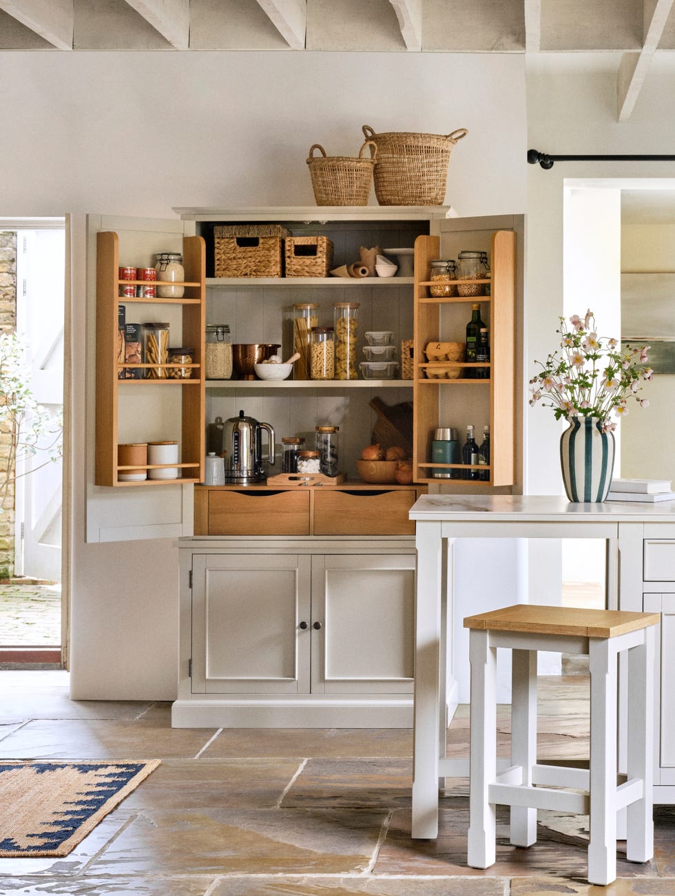 country kitchen with open cupboard