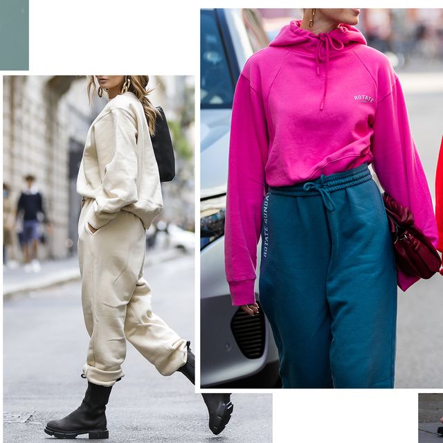 a composite image of women in comfortable street style looks including a blue sweatsuit, a cream sweatsuit, a pink hoodie with teal pants, and a green sweatshirt with white jeans and birkenstocks