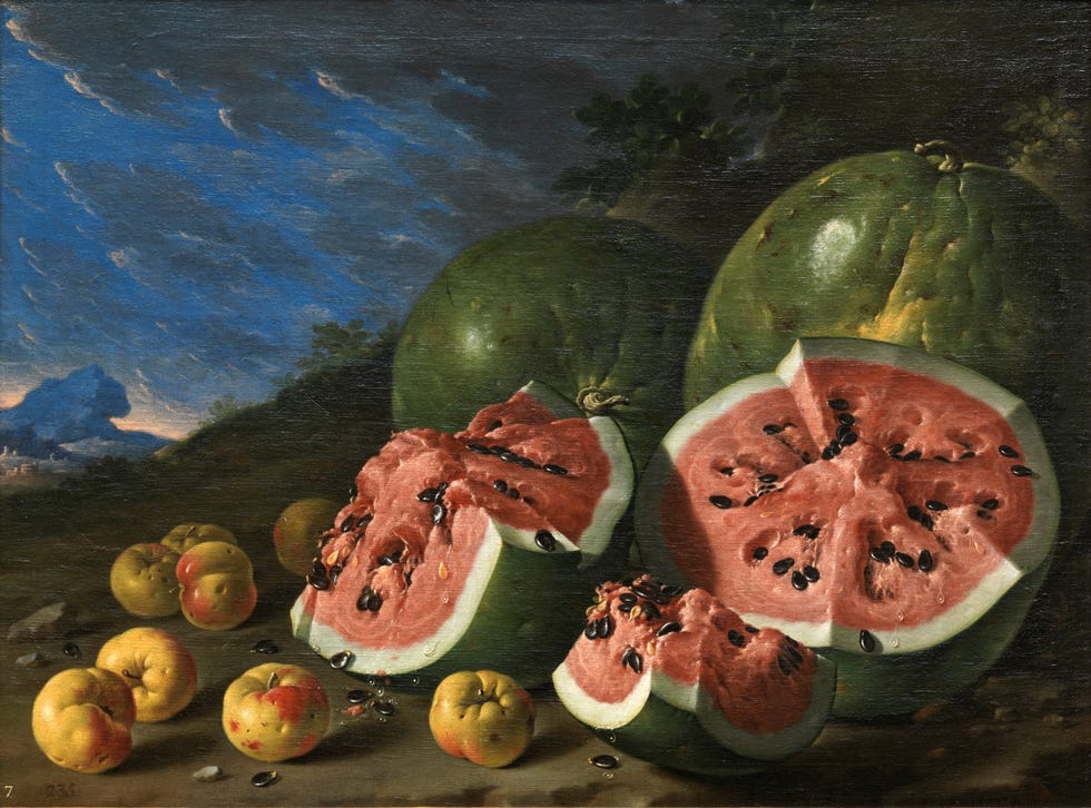 Maratón de Madrid: Bodegón con sandías y manzanas en un paisaje (Luis Egidio Meléndez, 1771)