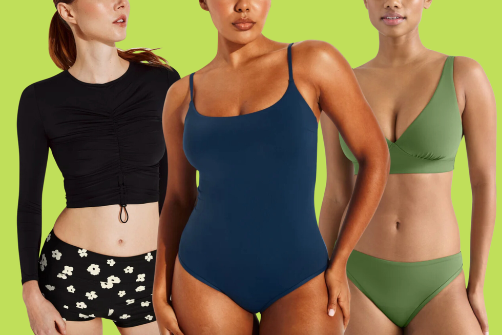 three models in swimsuits from knix against a green background