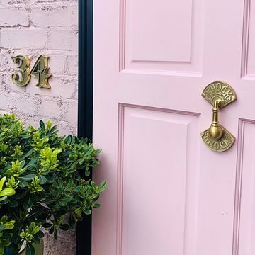 knock knock door knocker and apex house numbers   unlacquered brass, gipsy hill hardware