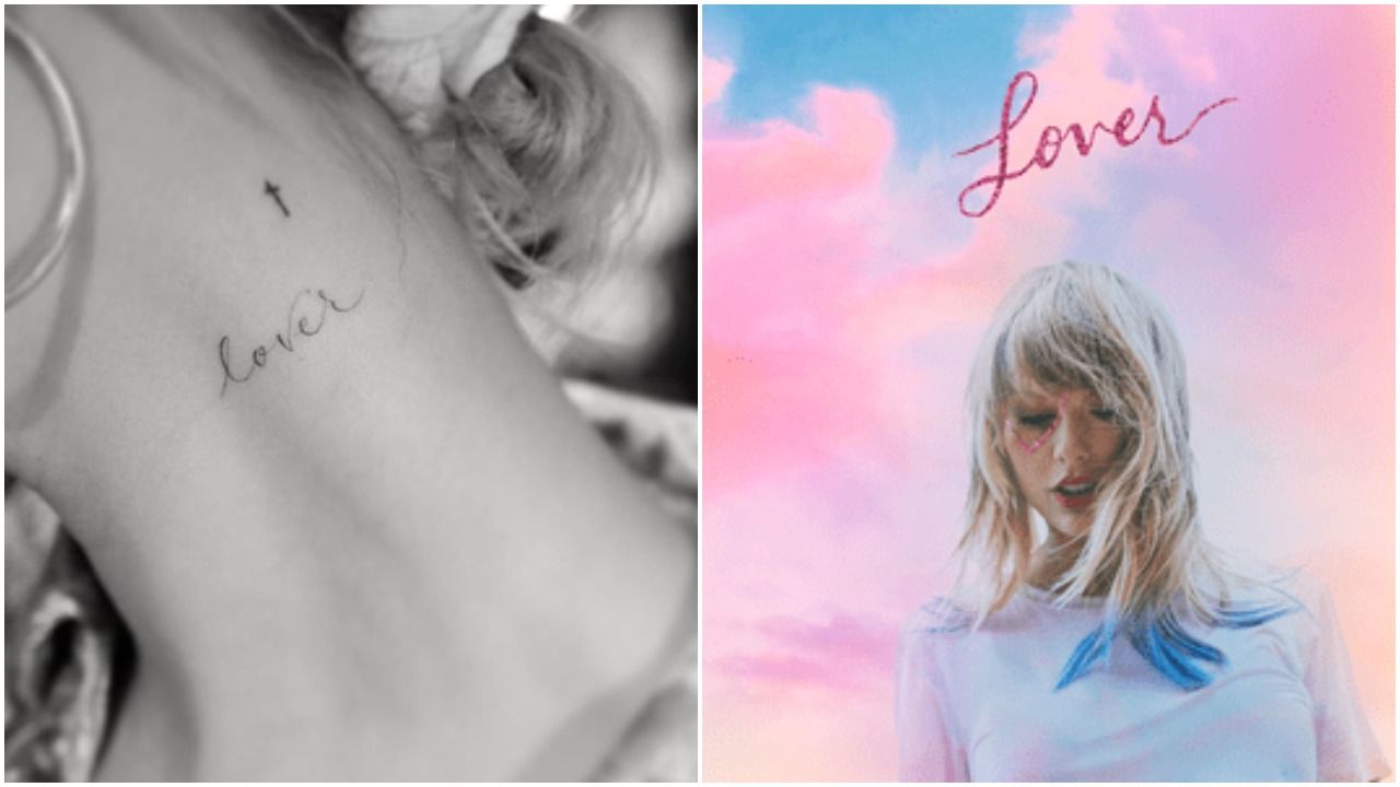 Lover lettering tattoo on Hailey Baldwins neck