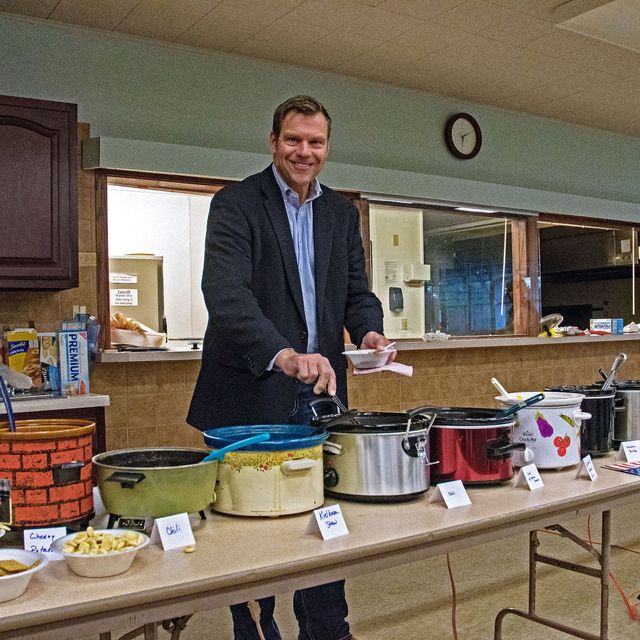 republican gubernatorial candidate kris kobach helps himself to some of the chili at the lyon county senior center during tonight's fundraiser in emporia, kansas, october 28, 2018 photo by mark reinsteincorbis via getty images