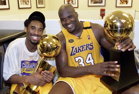 kobe bryant of the los angeles lakers with shaquille oneal