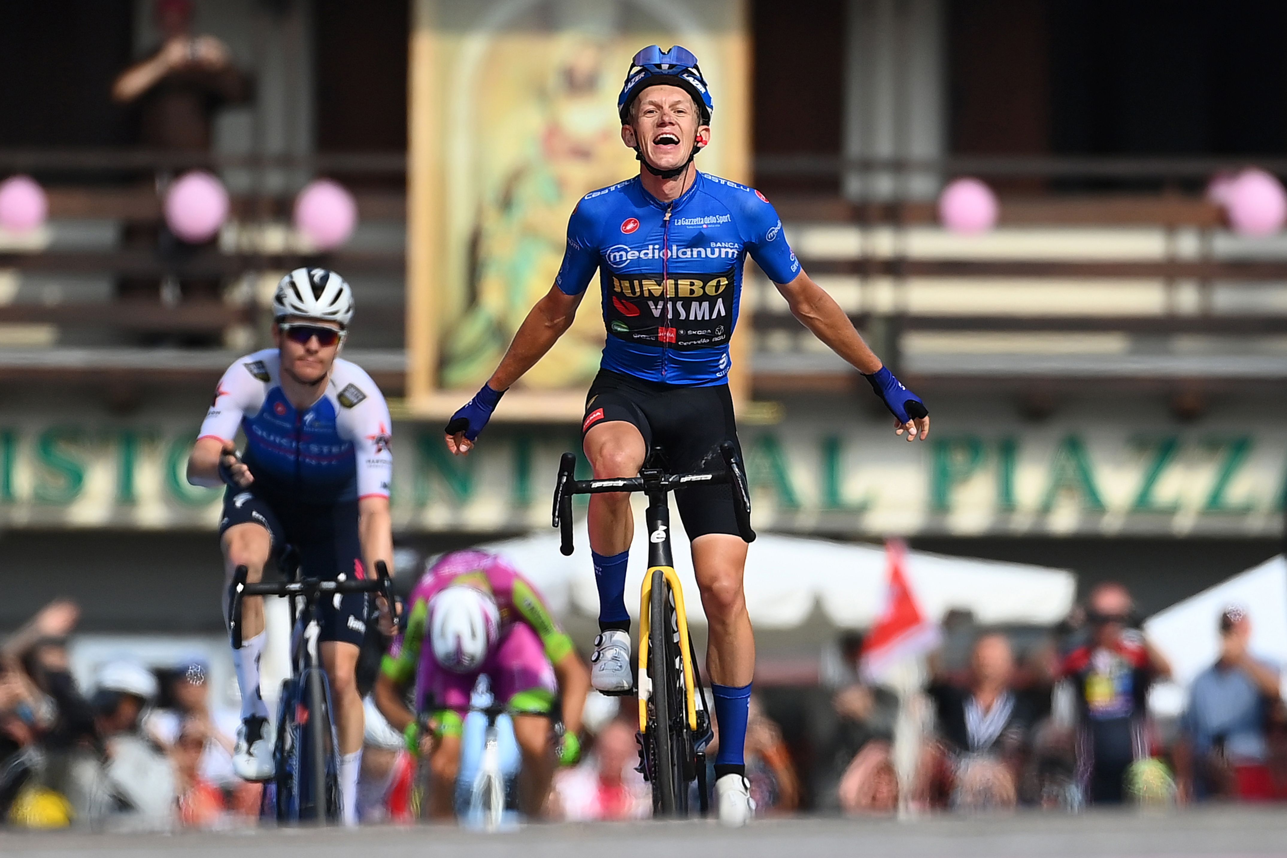 Jumbo-Visma’s Koen Bouwman celebrates his win on Stage 19 of the 2022 Giro d’Italia.