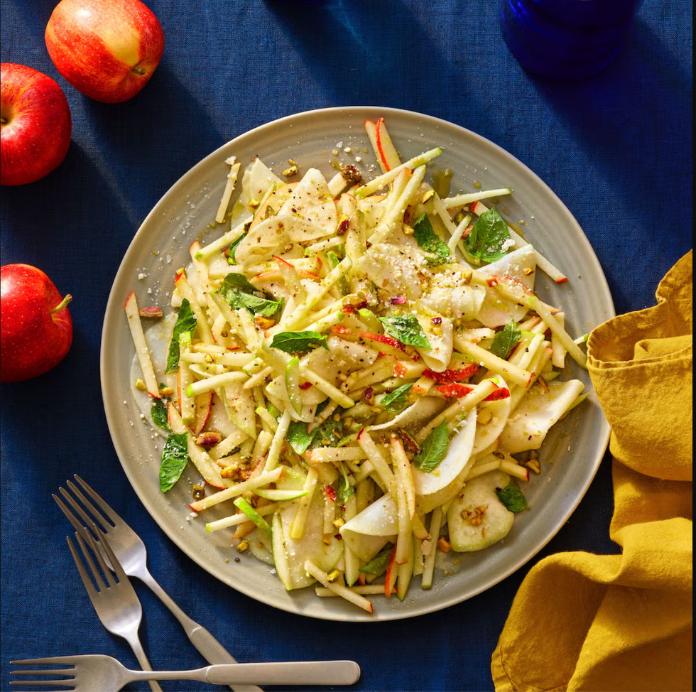 kohlrabi and apple salad with basil and pistachios