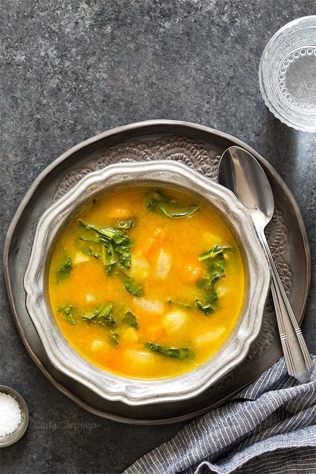 kohlrabi soup with kohlrabi greens in a bowl