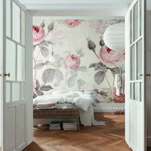 Room, Furniture, Product, Wallpaper, Pink, Bed, Wall, Interior design, Floor, Bedroom, 