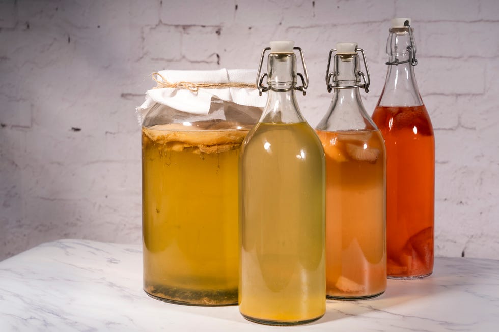 kombucha infused with strawberries, pineapple, lemon and ginger