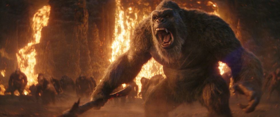 kong roaring with fire in the background, godzilla x kong the new empire