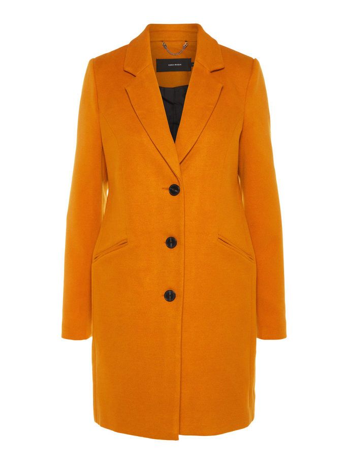 Clothing, Coat, Outerwear, Overcoat, Orange, Yellow, Trench coat, Sleeve, Jacket, Blazer, 