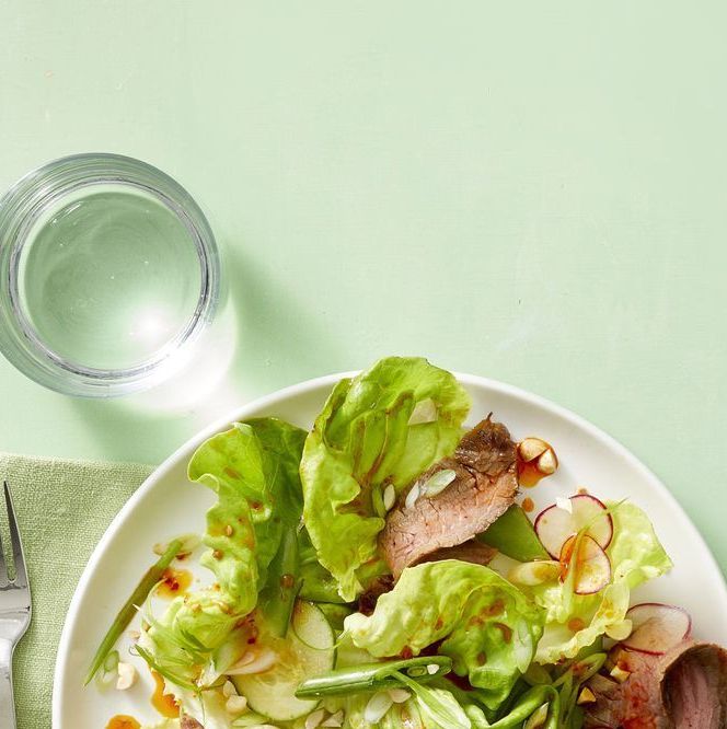 hearty salad recipes   korean steak salad with sugar snaps and radishes