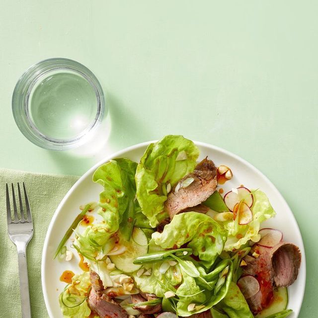 hearty salad recipes   korean steak salad with sugar snaps and radishes
