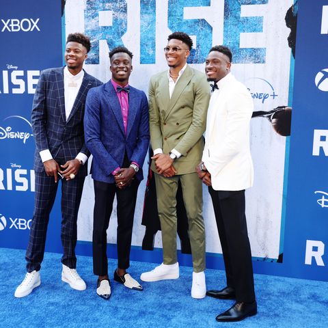 kostas, alex, giannis, and thanasis antetokounmpo attend the premiere of ﻿rise﻿ on june 22, 2022 in burbank, california