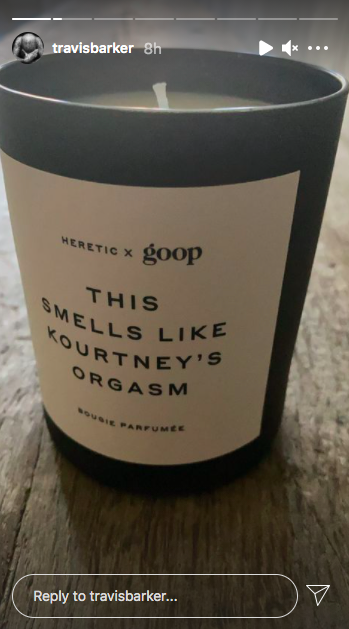 travis barker shows off "kourtney's orgasm" scented goop candle on instagram stories