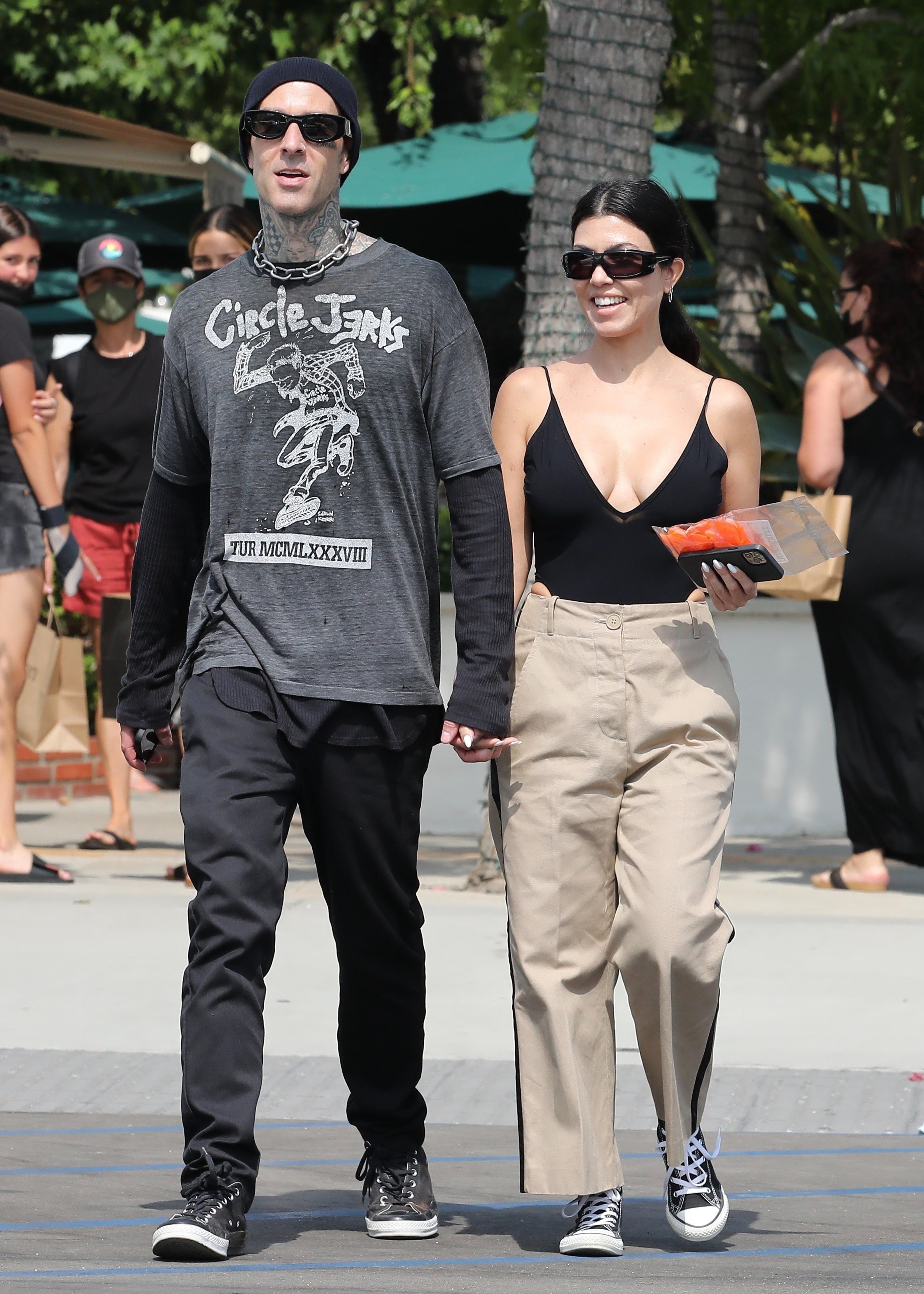 mudder Dwell Wedge Kourtney Kardashian Wears Deep-Plunge Top With Travis Barker on Malibu Day  Date