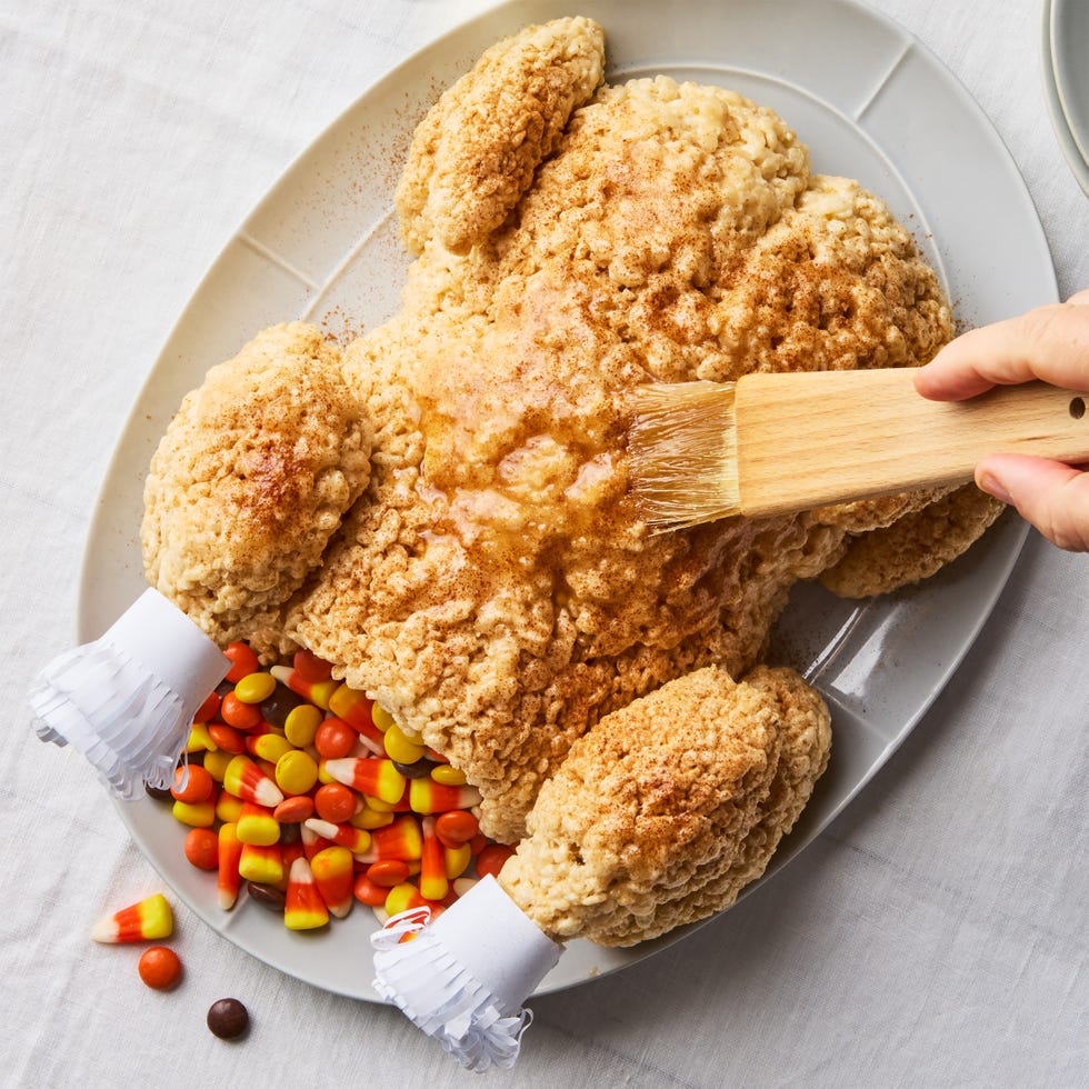 rice krispie treats shaped into a turkey filled with candy