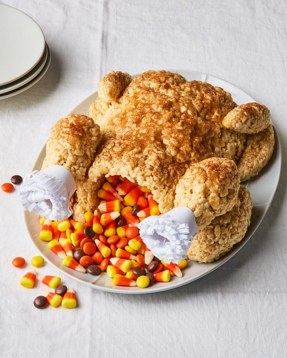 rice krispie treats shaped into a turkey filled with candy