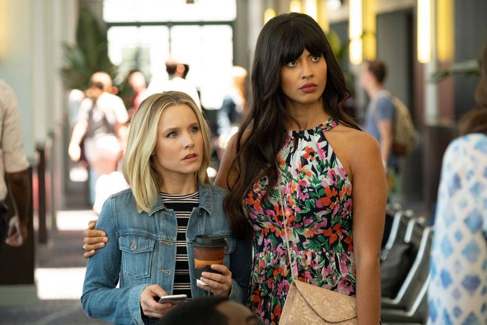 the good place    the ballad of donkey doug episode 306    pictured l r kristen bell as eleanor, jameela jamil as tahani    photo by colleen hayesnbcnbcu photo bank via getty images