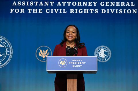 kristen clarke, nominee for assistant attorney general for the civil rights division, speaks after being nominated by us president elect joe biden at the queen theater january 7, 2021, in wilmington, de