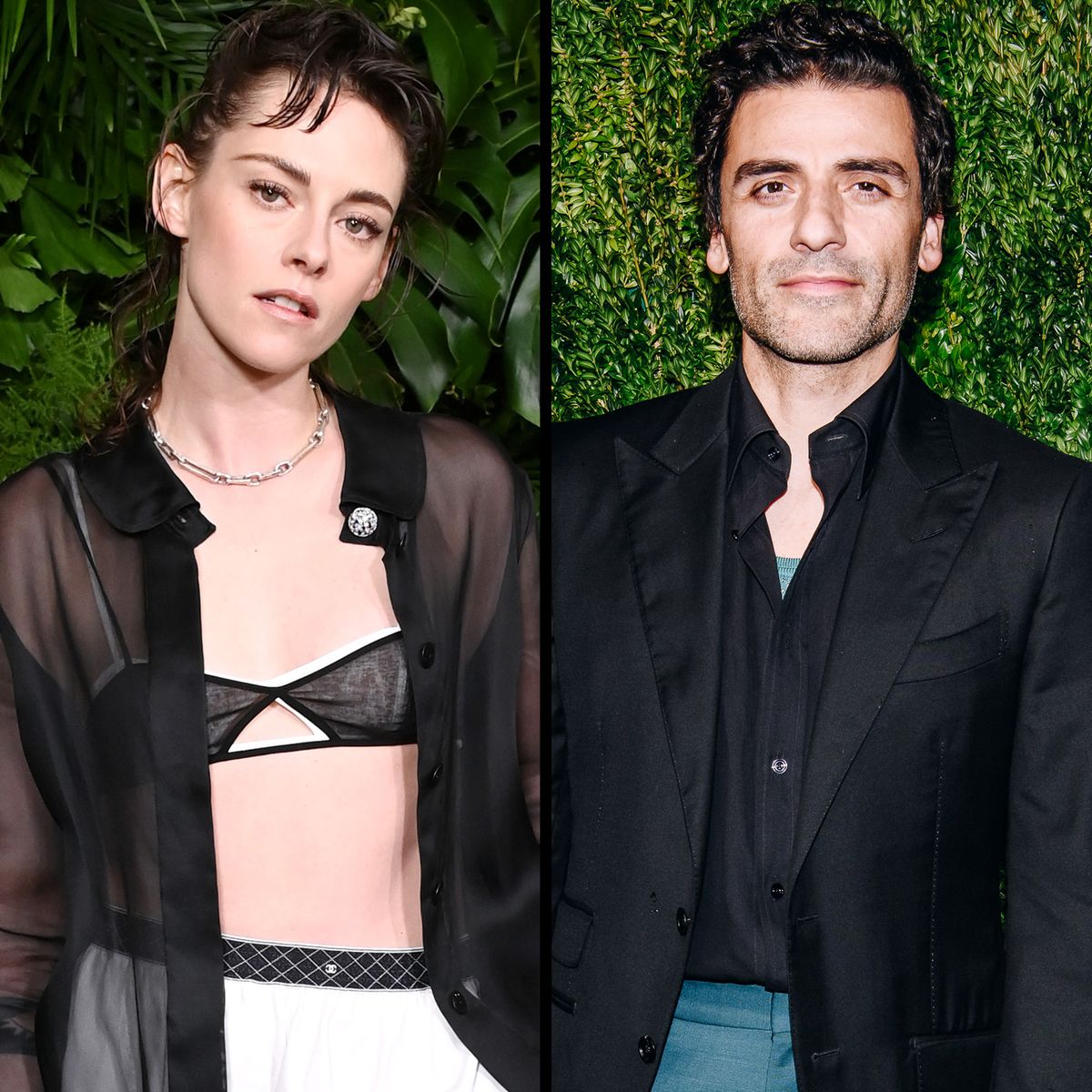 a collage of kristen stewart and oscar isaac