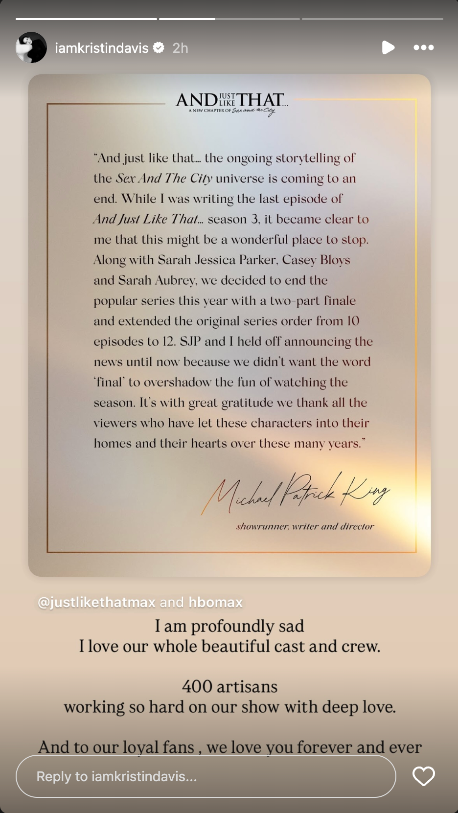 kristin davis responds to the cancellation of and just like that
