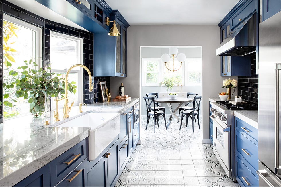 galley kitchen ideas, modern bathroom with blue cabinets