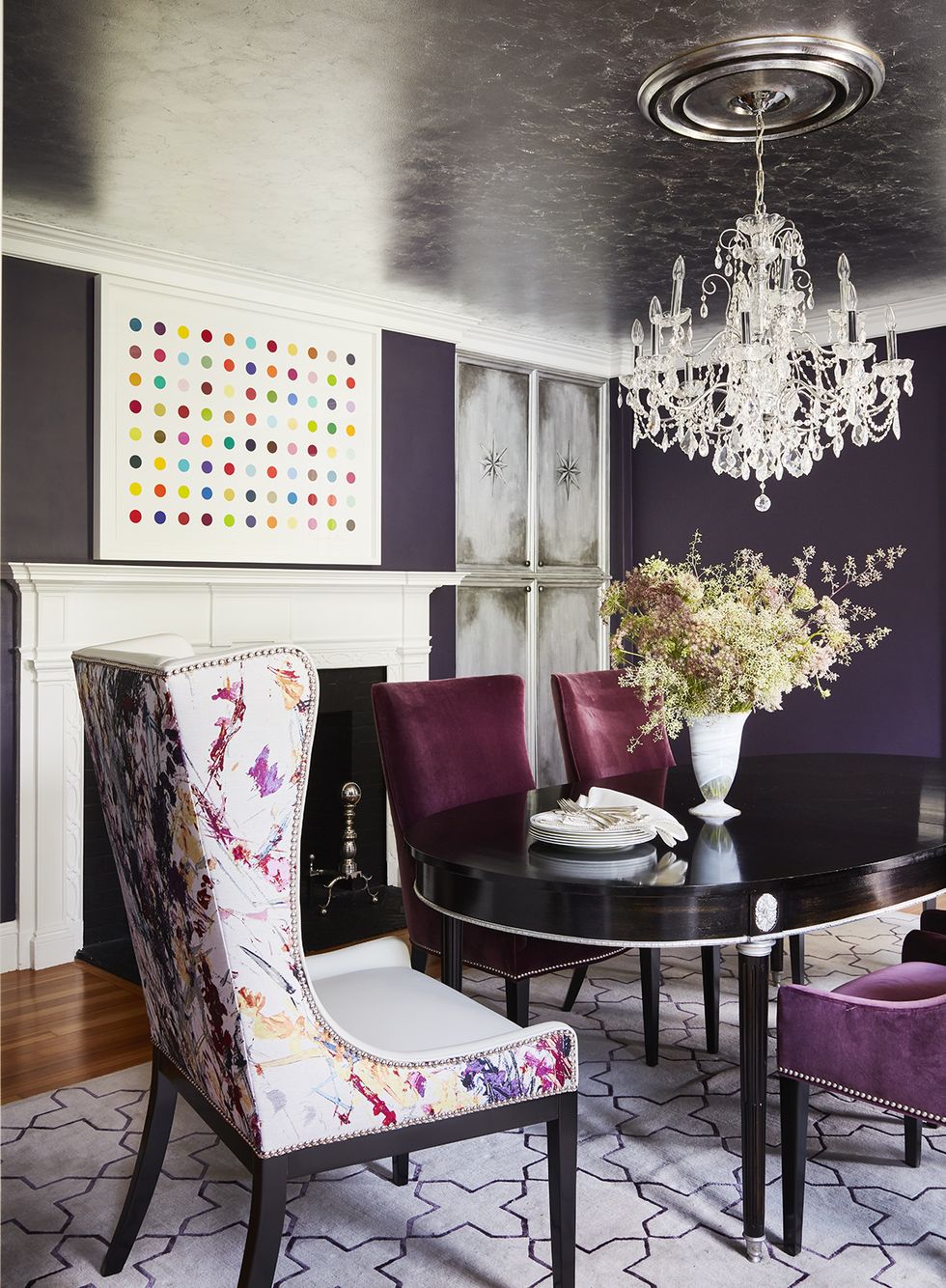 dining room with purple chairs
