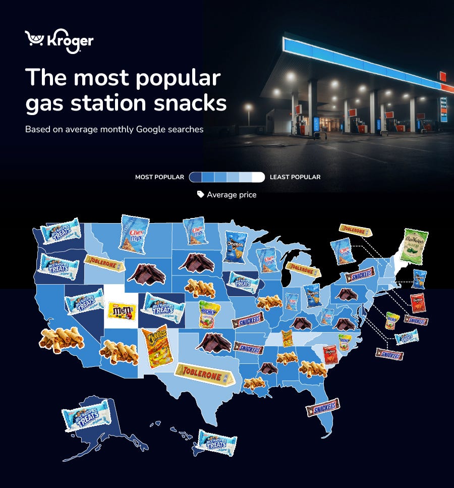 map indicating the most popular gas station snacks by state