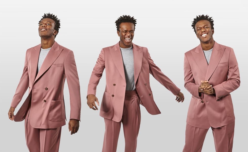 KSI, with no bandana, in fashion shoot for Esquire