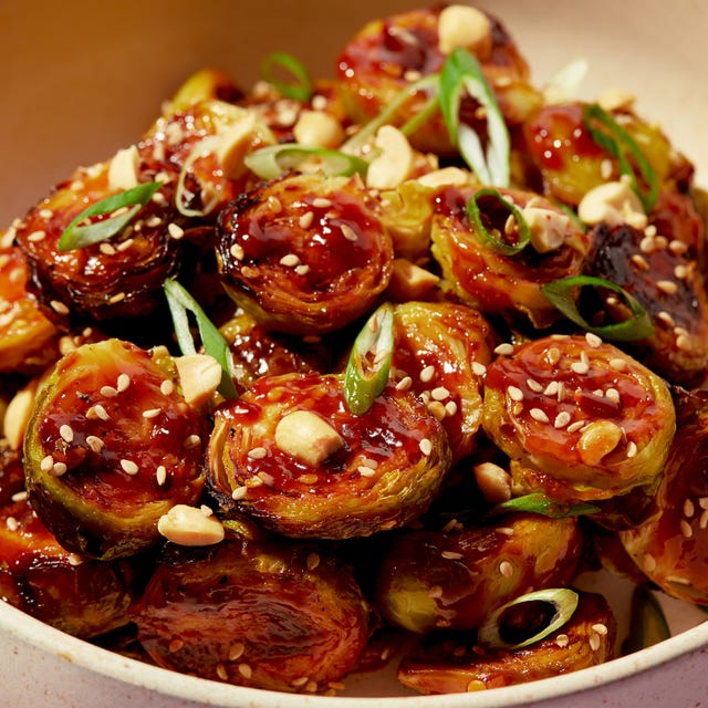 brussels sprouts in a sauce with peanuts