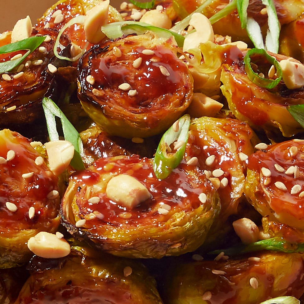 brussels sprouts in a sauce with peanuts