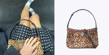 a leopard print handbag displayed alongside a persons legs and a polka dot dress