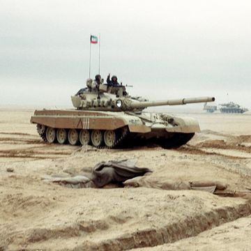 kuwait army m 84 tank driving through minefield during operation desert storm on march 1 1991