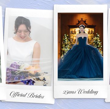 ブルーのカラードレスを着た花嫁とテーブルに置かれた装飾の画像コラージュ
