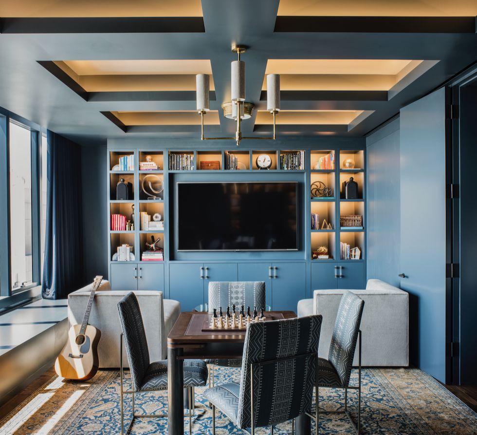 blue den with coffered ceiling